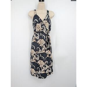 Soft Surroundings PM Linen Blend Faux Wrap Tank Dress Beachy Resort Dark Floral